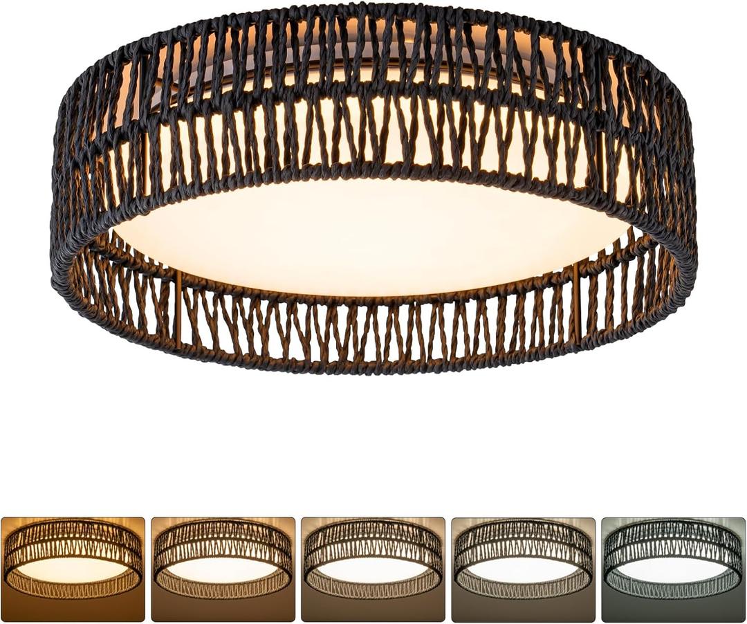 SineRise 12" Flush Mount Ceiling Light,25W LED Rattan Ceiling Light Fixture,Dimmable Handmade Boho Light Fixtures with Rattan,Farmhouse Lighting Fixtures Ceiling for Hallway Kitchen Bedroom(Black)