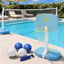 2-in-1 Pool Volleyball Net&Pool Basketball Hoop 51" Height Pool Set,Inground 16FT Pool Volleyball Net or Pool Basketball Hoop Poolside Combo for Summer Party Games,Includes 4 Balls