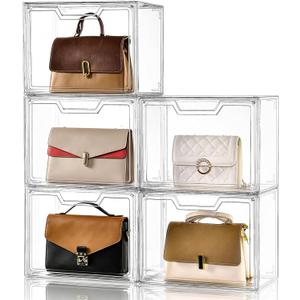 Purse Organizer for Closet,Clear Acrylic Display Case for Handbag Organizer, Purse Storage Box with Magnetic Door, Plastic Storage Bins for Book, Collectibles, Cosmetic (5 Pack)