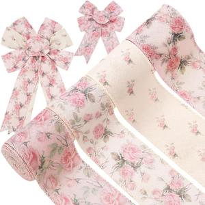 Generic 4 Rolls Pink Floral Wired Ribbon 2.5 Inch Vintage Rose Flower Ribbon for Bow Wreath Craft Gift Wrap Spring Summer Holiday Wedding Birthday Baby Shower Party Home Decor