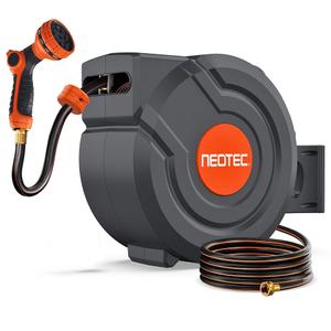 Upgraded Retractable Garden Hose Reel 5/8 inch x 100 ft Wall-Mounted 9 Pattern Nozzle Any Length Lock Automatic Slow Return 180° Swivel UV Resistant Heavy Duty Hose Reels for Outside