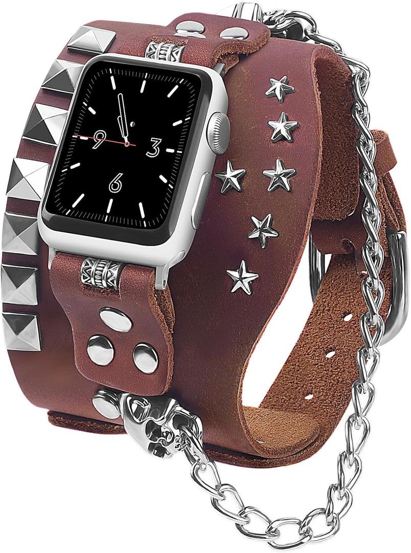 VIQIV Leather Band Compatible with Apple Watch SE/Ultra (38mm, 40mm, 41mm, 42mm, 44mm, 45mm, 49mm) for Women Men, Genuine Leather Goth Western Punk Style Watch Band Straps