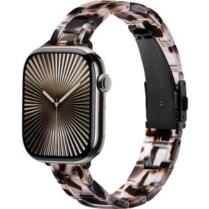 Slim Resin Band Compatible With Apple Watch Band Women 38mm 40mm 41mm 42mm 44mm 45mm 46mm, 14mm Thin Tortoise Lightweight Bracelet Dressy Strap for iWatch Bands Series 11 10 SE 2nd/3 9 8 7 6 5 4 3