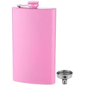 FYL 12 Oz 18/8 Stainless Steel Hip Flask for Liquor with Never-Lose Cap, Leakproof Easy Pour Funnel is Included, Matte Pink