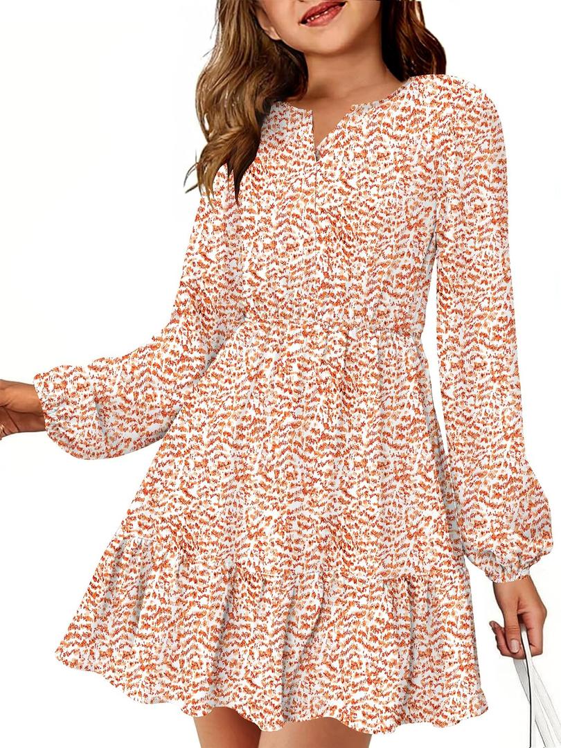 HOSIKA Girls Fall Floral Dress Long Sleeve V Neck Elastic Waist Pleated Holiday Party Midi Dresses for 6-12 Years
