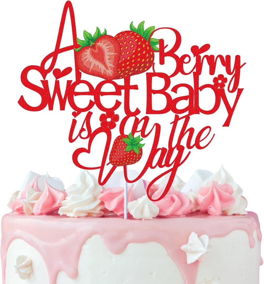 A Berry Sweet Baby is on the Way Cake Topper Red Glitter Strawberry Cake Decoration Baby Shower/Pregnancy Announcement/1st Birthday Themed Party Supplies