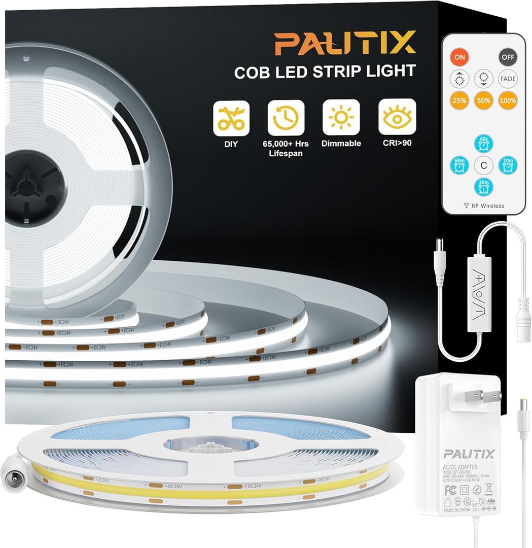 PAUTIX COB LED Strip Light 32.8ft,Engineering Level UL Listed Daylight White 6000K,CRI93+ Super Bright High Lumen,Dimmable 24V Flexible LED Tape Light with RF Remote,for Home&Office Decor DIY Lighting