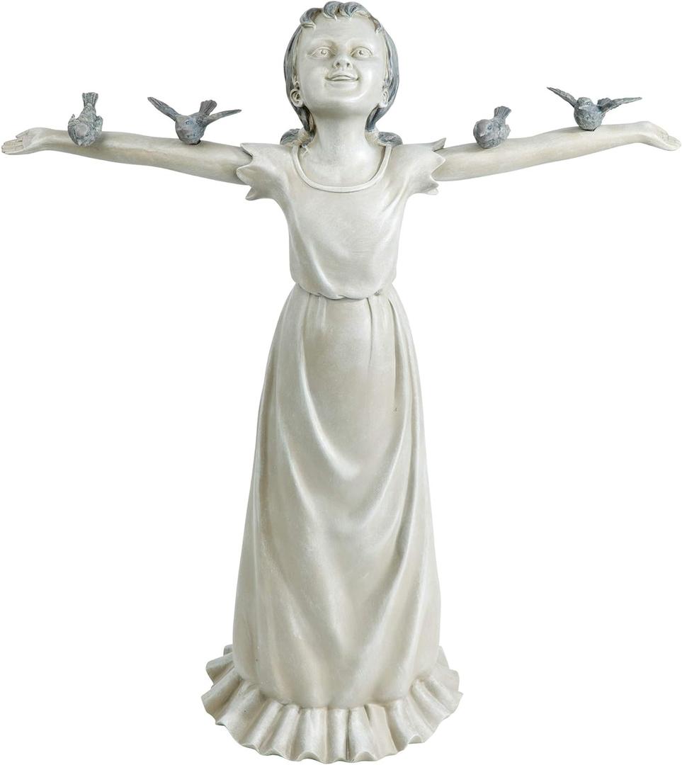 Design Toscano Basking in Glory Little Girl with Birds Outdoor Garden Statue, Large, 29 inches tall, Cast Stone Resin, Two Tone Stone Finish
