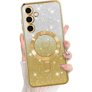 Bonoma Compatible with Samsung Galaxy S24 Fe Case Support for MagSafe, Plating Heart Glitter Magnetic Case TPU Camera Protection Back Cover for Phone Case -Gold