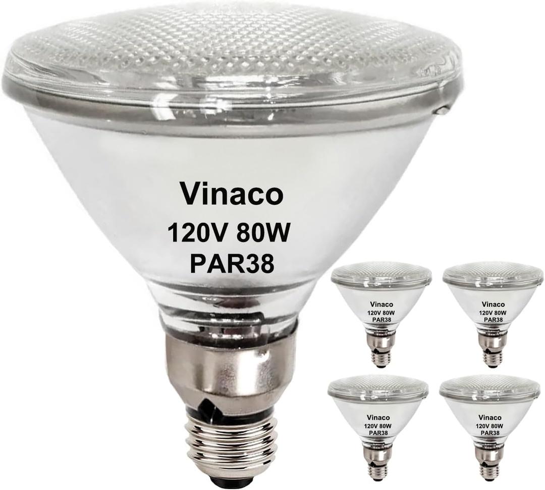 Vinaco PAR38 Halogen Flood Light Bulbs Dimmable, 4 Pack High Output Halogen PAR38 Floodlight 80W 120V, Warm White 2800K, CRI100 Flood Light Bulbs with E26 Base for Indoor/Outdoor