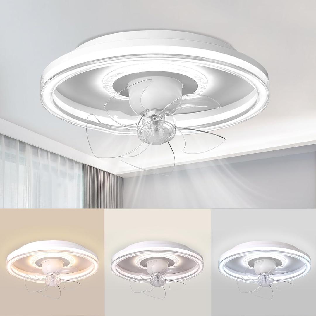 360 Rotation Low Profile Ceiling Fan with Lights, White, 20 Inch Modern Ceiling Fan Flush Mount, Quiet DC Motor for Bedroom, Living Room