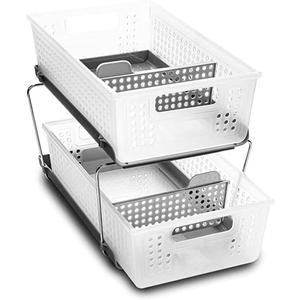 madesmart 2 Tier Bath Organizer, Undersink Storage with Sliding Drawers, for Cleaning Supplies, Pantry, Sponges, Bottles & Kitchen Essentials, Adjustable Dividers & Pull Out Sliding Baskets, Frost (1-Pack)
