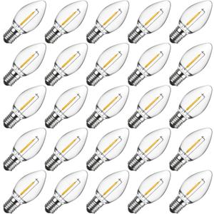Meconard C7 LED Replacement Christmas Light Bulbs, C7 Shatterproof LED Bulbs for Christmas Indoor Outdoor String Lights, E12 Candelabra Base, Commercial Grade Holiday Bulbs, Warm White, 25 Pack