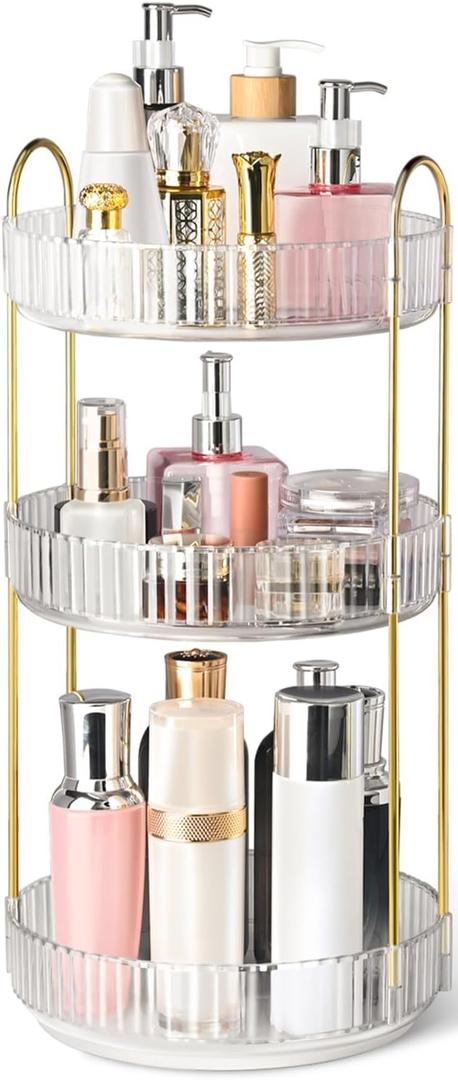 360 Rotating Makeup Organizer for Vanity, 3 Tier Perfume Organizers Skincare Organizers and Storage for Bathroom Countertop, Spinning Cosmetic Organizer for Bedroom Dresser Counter (Clear)