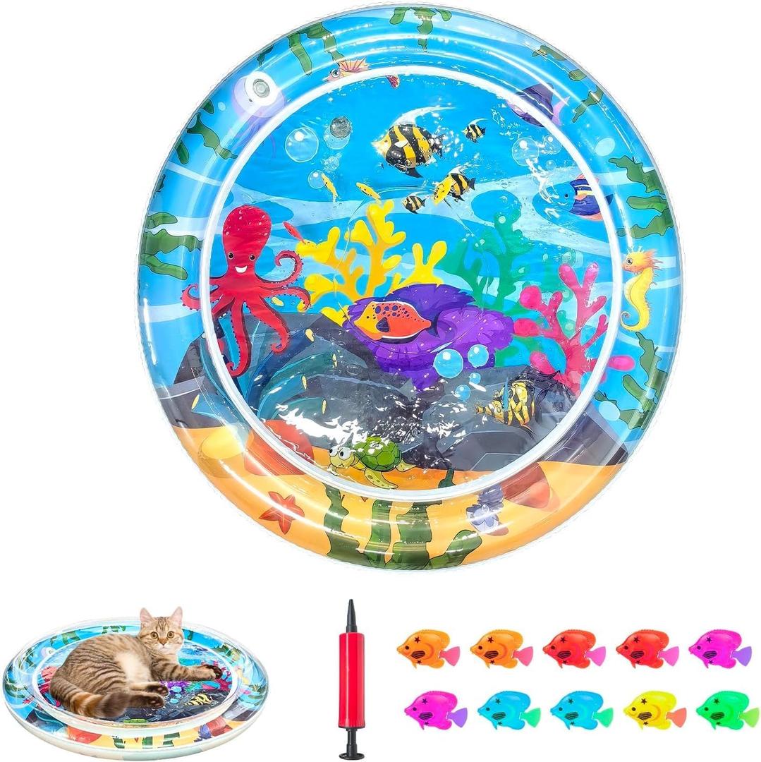 Inflatable Cat Dog Baby Water Mat Toy, [Newly Upgraded, 2 Layers Thickened] Premium Anti-Scratch Leak Proof Mat, with Floating Fish for Indoor Kitten Cats & Kids to Swatting Exercise Hunting (Octopus)