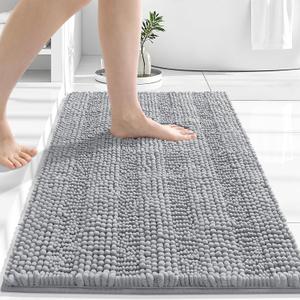 Grandaily Chenille Striped Bathroom Rugs 30x20, Extra Thick and Absorbent Bath Rugs, Non-Slip Soft Plush Shaggy Bath Carpet, Machine Wash Dry, Bath Mats for Bathroom, Grey