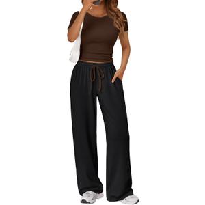 Trendy Queen 2 Piece Matching Summer Lounge Set Womens Side Ruching Top Wide Leg Pants Sets with Pockets M