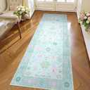 LIVEBOX Modern Oushak Bedroom Runner Rug, Boho Floral 2x6 Runners for Hallways 6ft, Non Slip Washable Soft Rug Kitchen, Ultra Thin Turkish Retro Carpet Runners for Bathroom Entryway, Blue
