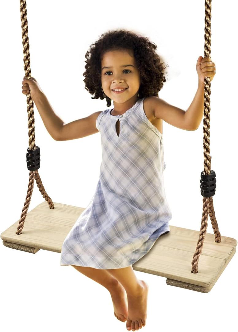 PELLOR Wooden Tree Swing for Kids - Anticorrosive Hanging Swing Seat 17.1 x6.8 x1.1, Adjustable PE Rope Kids Swing for Backyard Patio Garden Playground, 220lbs