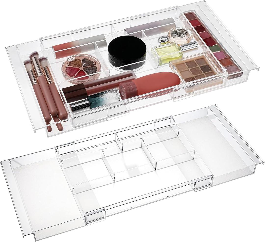 2 Pcs Expandable Drawer Organizer 11.1 to 19.2 Width, Shallow Cosmetic Organizer 1.3 Height, Clear Plastic Storage Trays for Dressing Table,Bathroom