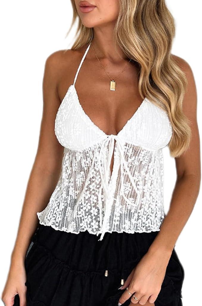 Women Y2K Lace Shirt Halter Neck Deep V Neck Crop Top Tie Front Sleeveless Strappy Cami Shirt Streetwear S