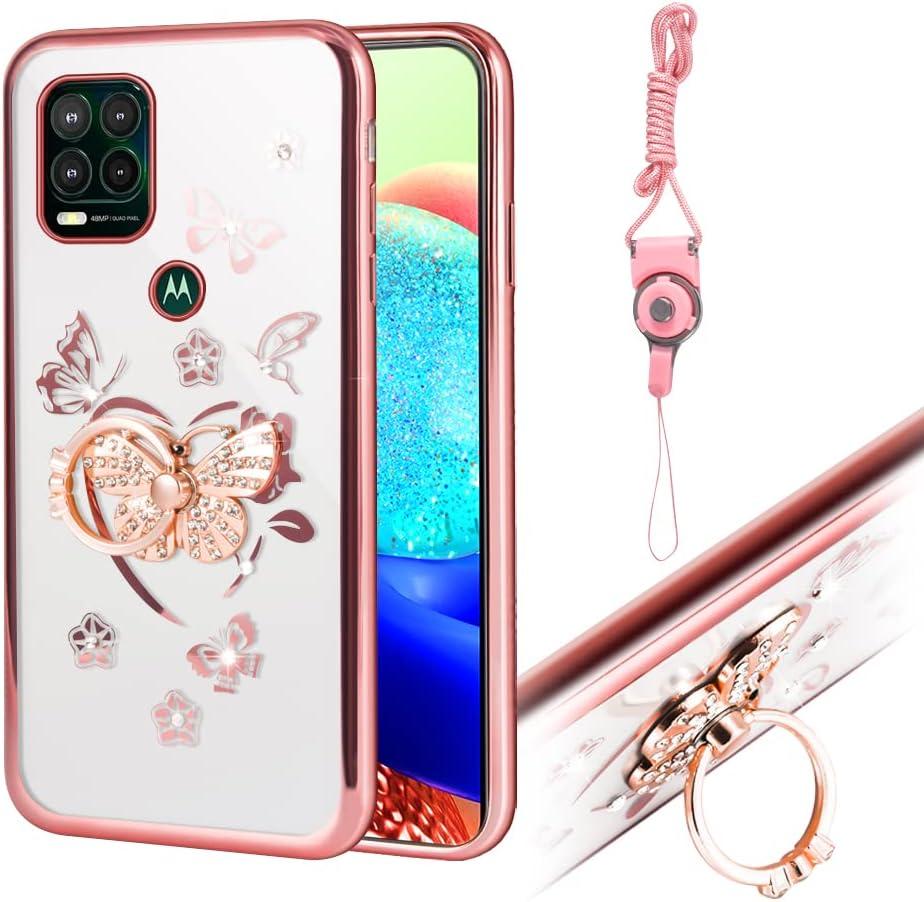 Compatible with Moto G Stylus 5g Case Clear Cute Soft Ring Stand Girls Women Shockproof Fall Protection Cover Glitter Diamond Electroplate Floral Butterfly Pattern Case for G Stylus 5g (Rose Gold)