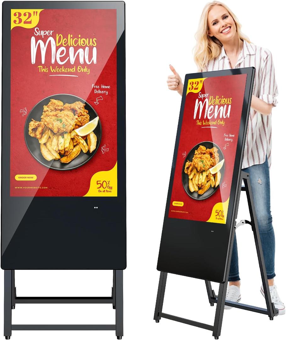 MWE 32 Inch Digital Signage Display, Portable LCD Digital Kiosk, Advertising Display Poster, Android Kiosk with Auto Media Player, HDMI/USB