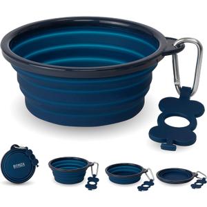 Bonza Collapsible Dog Bowls - 2 Pack, Small 12 oz, Dog Travel Accessories, Silicone Portable Dogs Bowl & Water Dish with Reinforced Rim & Carabiner for Hiking, Camping, and Car Trips, Navy Blue