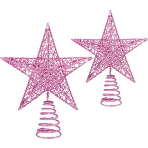 Blulu 2 Pieces Metal Glittered Christmas Tree Topper Star Treetop Hollow Wire Star Topper for Christmas Tree Ornament, 2 Sizes (Pink)