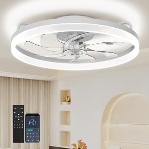 20'' Ceiling Fans with Lights and Remote, Low Profile Flush Mount Upgrade 7-Blade Ceiling Fan with Light, 3000K-6500K Dimmable Modern Fandelier Ceiling Fans for Bedroom, White