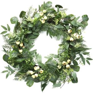Artificial Eucalyptus Wreath with Glitter 24 Inch for Front Door, Green Spring Wreath with Big White Berries and Eucalyptus Leaves for Wedding Home Décor Outdoor décor