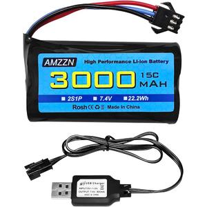 AMZZN 7.4V 3000mAh 35C 2S T-Plug Lipo Battery with USB Charging Cable for RC Car,Truck Model Car,Remote Control Boat,RC Quadcopter Qircraft,FPV Drone Battery