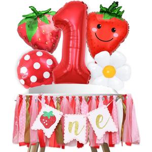 Strawberry First Birthday High Chair Banner Mylar Balloons Strawberry First Birthday Decorations Sweet One Party Supplies Photo Prop