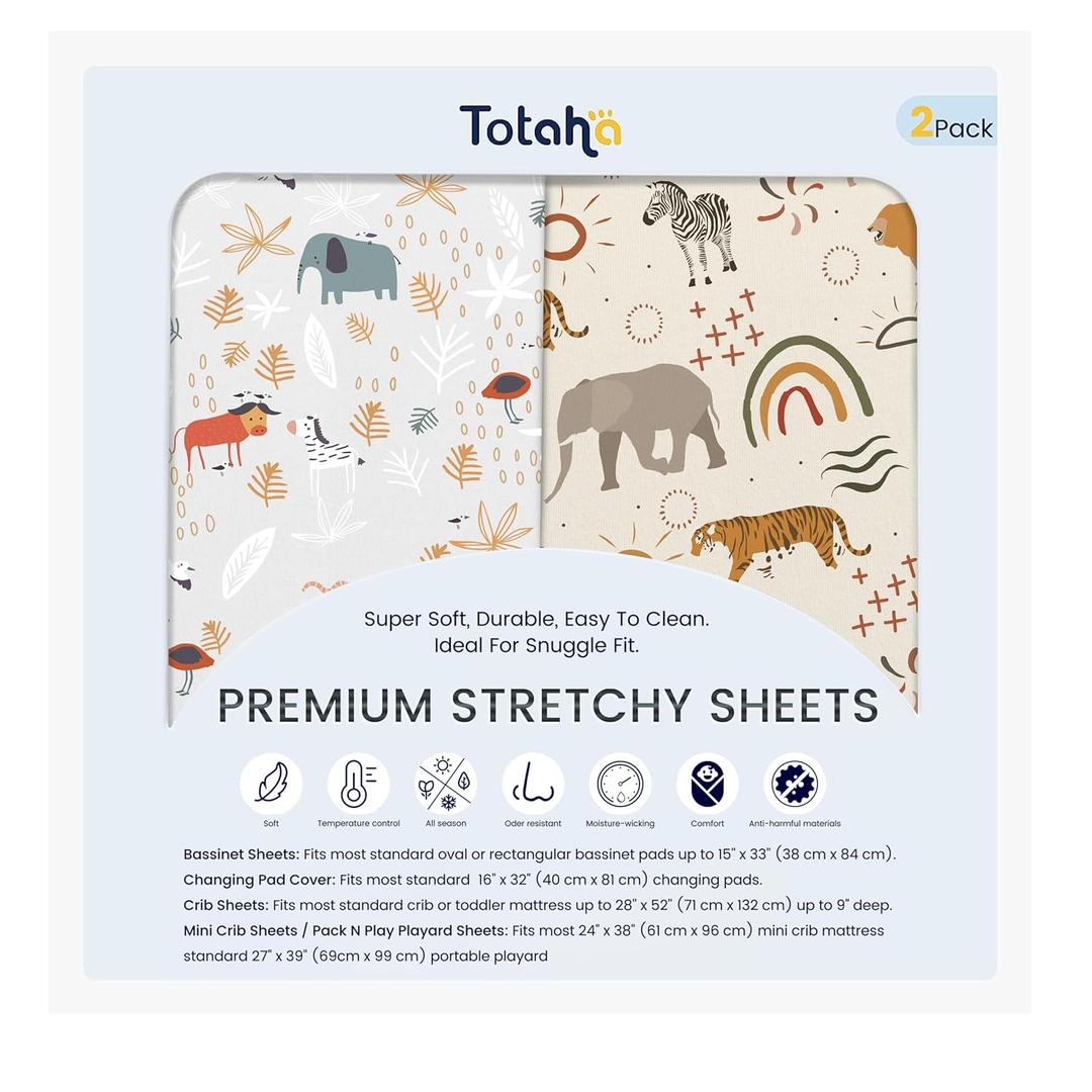 TotAha Jungle Animal Cradle Sheets Fitted 18 x 36, Buttery Soft Bassinet Fitted Sheets 2 Pack Universal for Oval, Rectangle Hourglass Bassinet Mattress (Autumn Wildlife & Africa Safari)