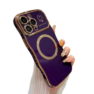 DEFBSC Magnetic Case for iPhone 14 Pro Work with Magsafe, Curly Wave Shape Plating Frame Cute Love Heart Cover, Full Camera Lens Protection Soft Durable TPU Shockproof Case, Dark Purple