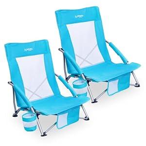 ARURU Low Folding Beach Chairs for Adults 2 Pack, Portable Lightweight Sling Beach Camping Chair with Cup Holder,Armrest,Foldable Camp Lawn Chair for Outdoor Sand Concert Travel Sport Events