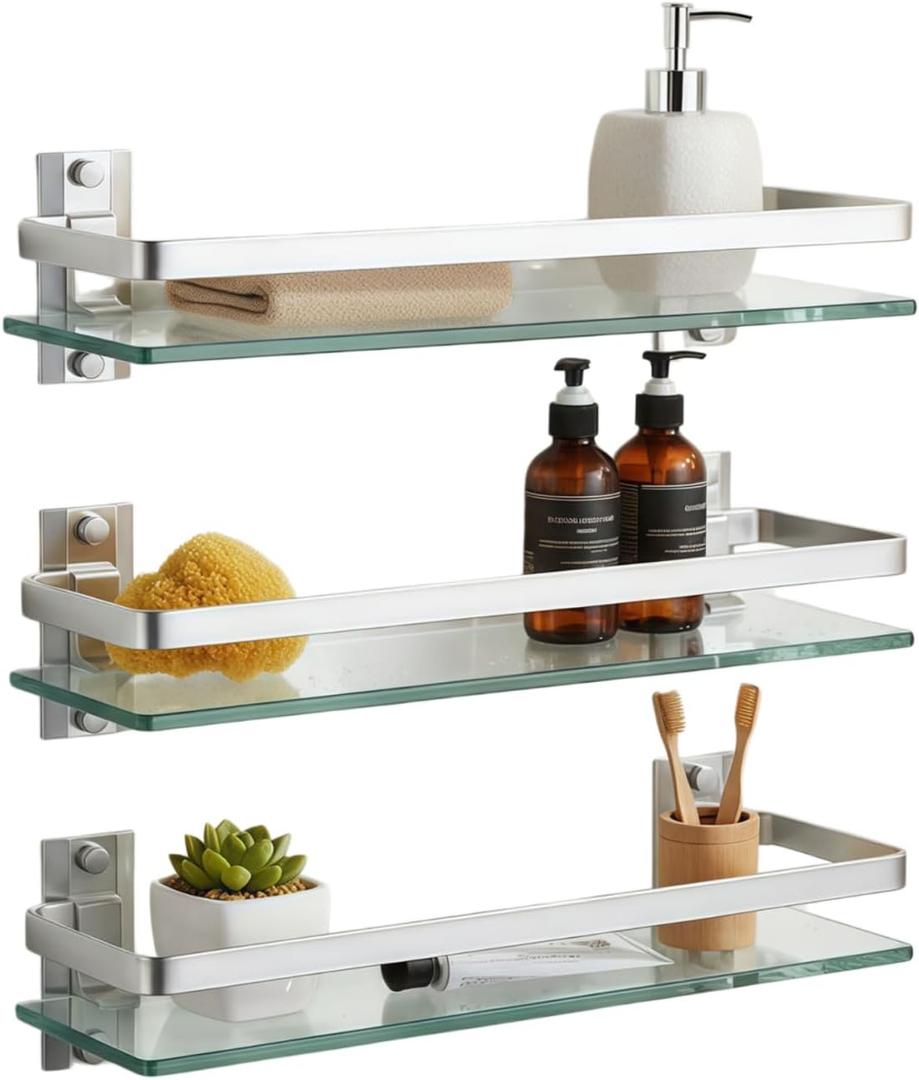 AIJALY 3 Pack Bathroom Glass Shelf,Aluminum Tempered Glass 0.3in Extra Thick Rectangular 1 Tier Storage Organizer Wall Mount,Silver 15.7in