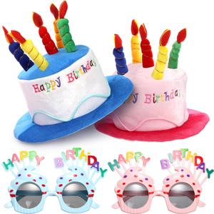 Okllen Birthday Hats Set of 2 for Adults, Plush Cake Hats with Sunglasses, Funny Party Novelty Hats for Birthday Party Favors, Blue & Pink