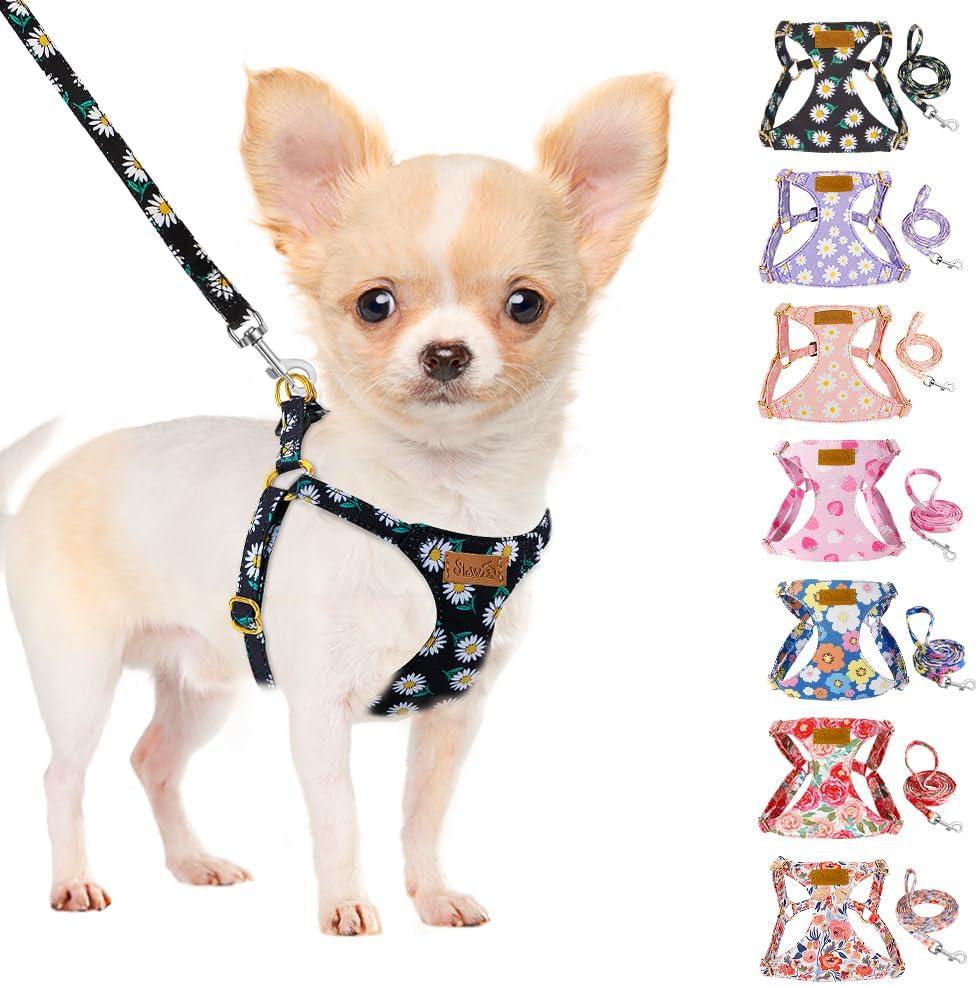 SlowTon No Pull Dog Harness with Leash - Soft Lightweight Floral Pattern Puppy Harness, Adjustable Pet Harness for Dogs (Black Daisy XXS)