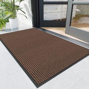 Front Door Mat, 4' x 3' Heavy Duty Indoor Outdoor Door Mat Entrance, Commercial Welcome Mats, Stain and Fade Resistant, Durable Rubber Backing, Low Profile Entry Mat for Patio, Brown Stripe