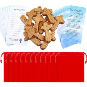 WILLBOND 12 Set Small Wooden Holding Crosses 4 Inches Easter Pocket Crosses Hand Held with Red Velvet Pocket and Certificates Jesus Cross Gift for Prayer Men Religious Christian Church Gift