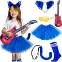 6 Pcs Girls Blue Cat Costume Accessories Set- Include Fluffy Cat Ears Headband & Tails with Cartoon Character Role Play Supplies, Halloween Kitty Cat Cosplay Kits Read Book Day Dress Up ( Blue )