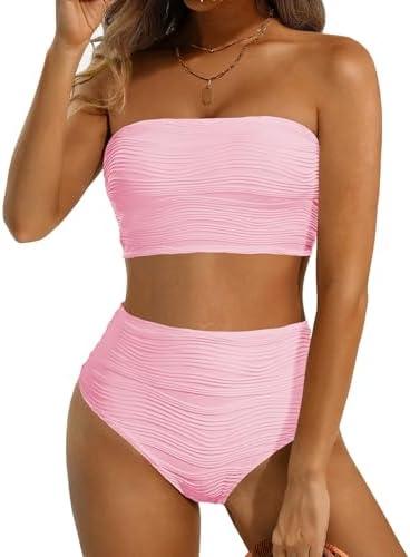 High Waisted Bandeau Bikini Set - Women Strapless Two Piece Swimsuits Ribbed Longline Full Coverage Bathing Suits Swimwear, L
