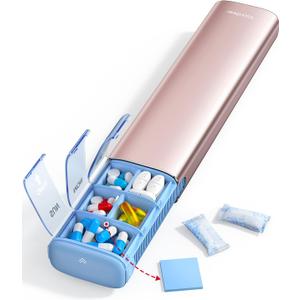 VAYDEER Metal Weekly Pill Organizer  Moisture-Proof Travel Pill Organizer with Built-in Desiccant Chamber and Airtight Lids  Large-Capacity Pill Box for Vitamins, Medicines & Supplements (Rose Gold)
