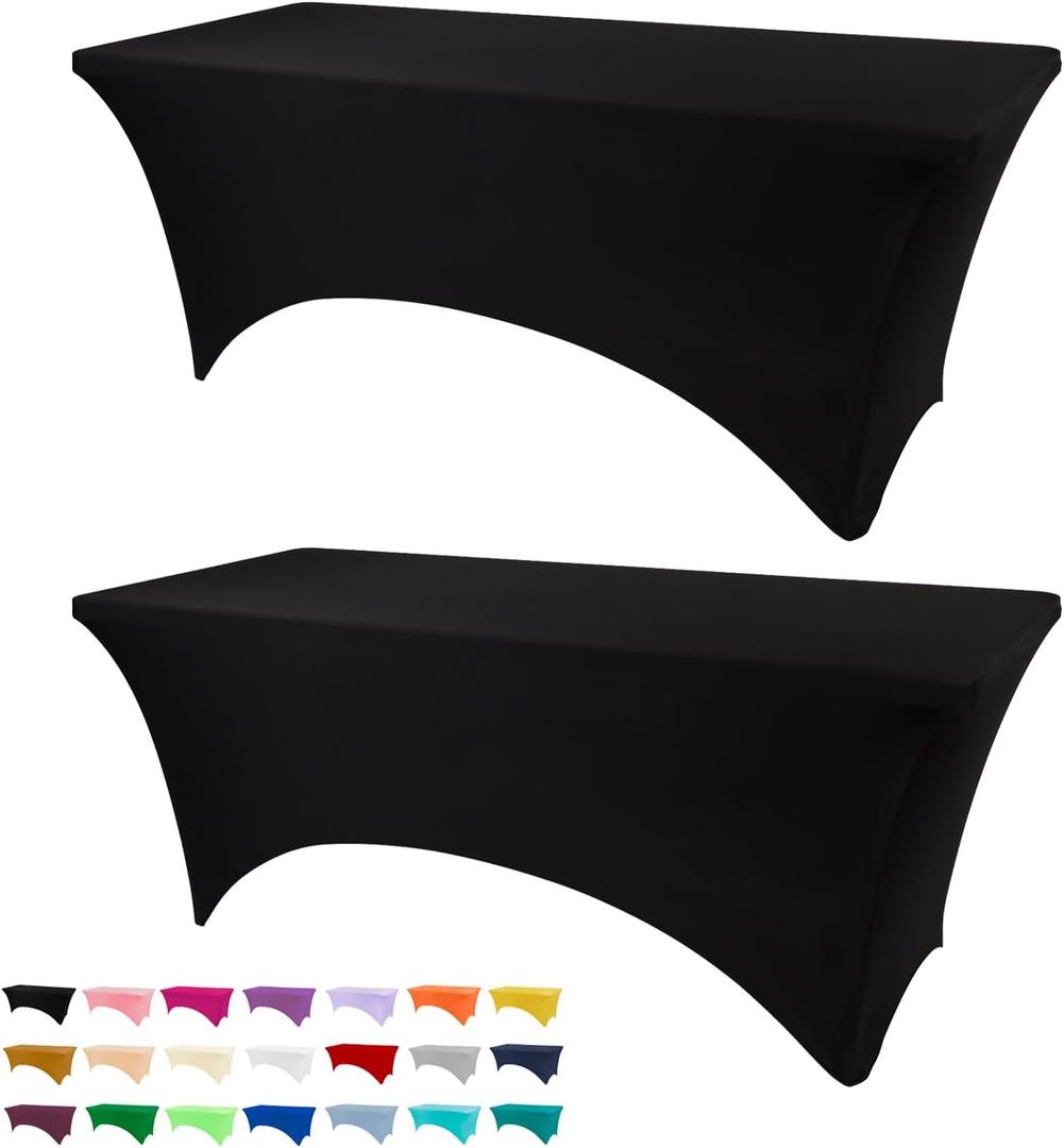 BDDC Table Covers for 6 Foot Tables, 2 Pack Black Washable and Wrinkle Resistant Stretch Tablecloths Rectangle 6ft for Events, Wedding, Banquets, Parties