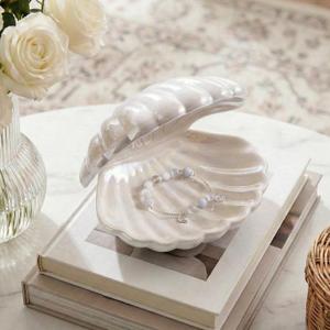 Denique Shell Jewelry Dish Tray, Ceramic Trinket Tray Clamshell Jewelry Storage Dish, Ring Holder Dish Key Bowl, Decorative Jewelry Plate, Cute Jewelry Organizer for Room Decor (White)
