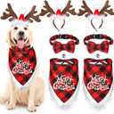 6 PCs Dog Christmas Costume Elk Reindeer Antler Headband Buffalo Plaid Bandana Bow Tie Triangle Pet Scarf Outfit Bib Adjustable Collar Cat Decor Photo Gift Small Medium Dog(Chic Style,Red)
