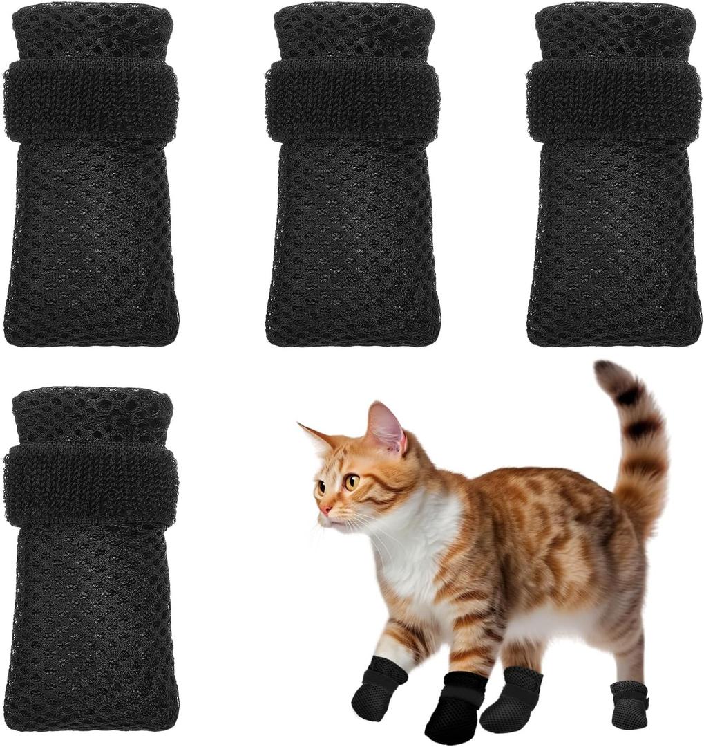 4 Pcs Adjustable Cat Claw Protectors Covers Cat Mittens to Prevent Scratching Mesh Breathable Cats Shoes Kitten Shoes Socks Booties Anti Scratch Kitten Foot Covers for Pet Bathing(Black,L)