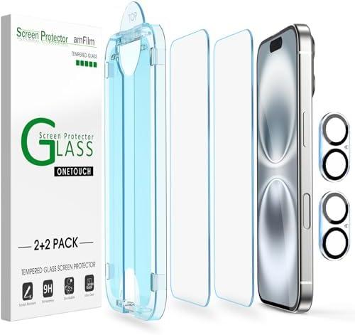 amFilm Auto-Alignment OneTouch for iPhone 16 [6.1''] Screen Protector + Camera Lens Protector, Tempered Glass, 30 seconds Installation, Bubble Free, Case Friendly, Anti-Scratch [2+2 Pack]