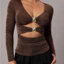 SOLY HUX Women's V Neck Cut Out T Shirt Long Sleeve Ruched Tee Slim Fitted Going Out Tops (Brown, Large)